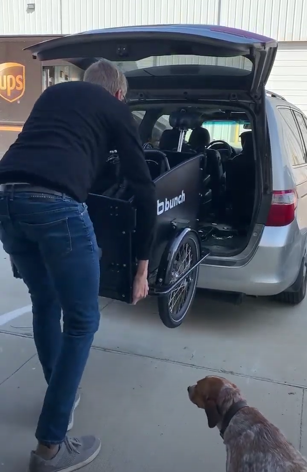 Bunch Bike in a minivan with dog watching