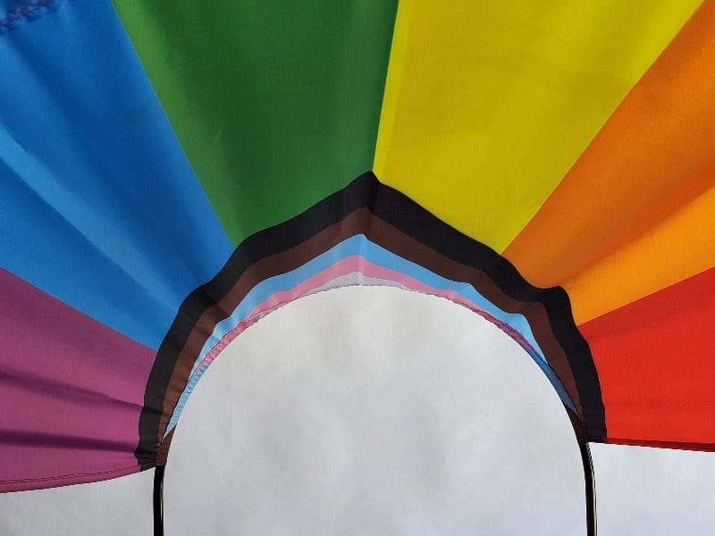 Pride Flag rainbow progress flag sun shade on bunch bike
