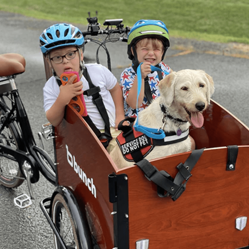 child with down syndrome and sibling with service dog in bunch bike #color_Classic Sedona Woodgrain