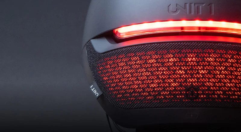 rear view of faro smart helmet with lights on
